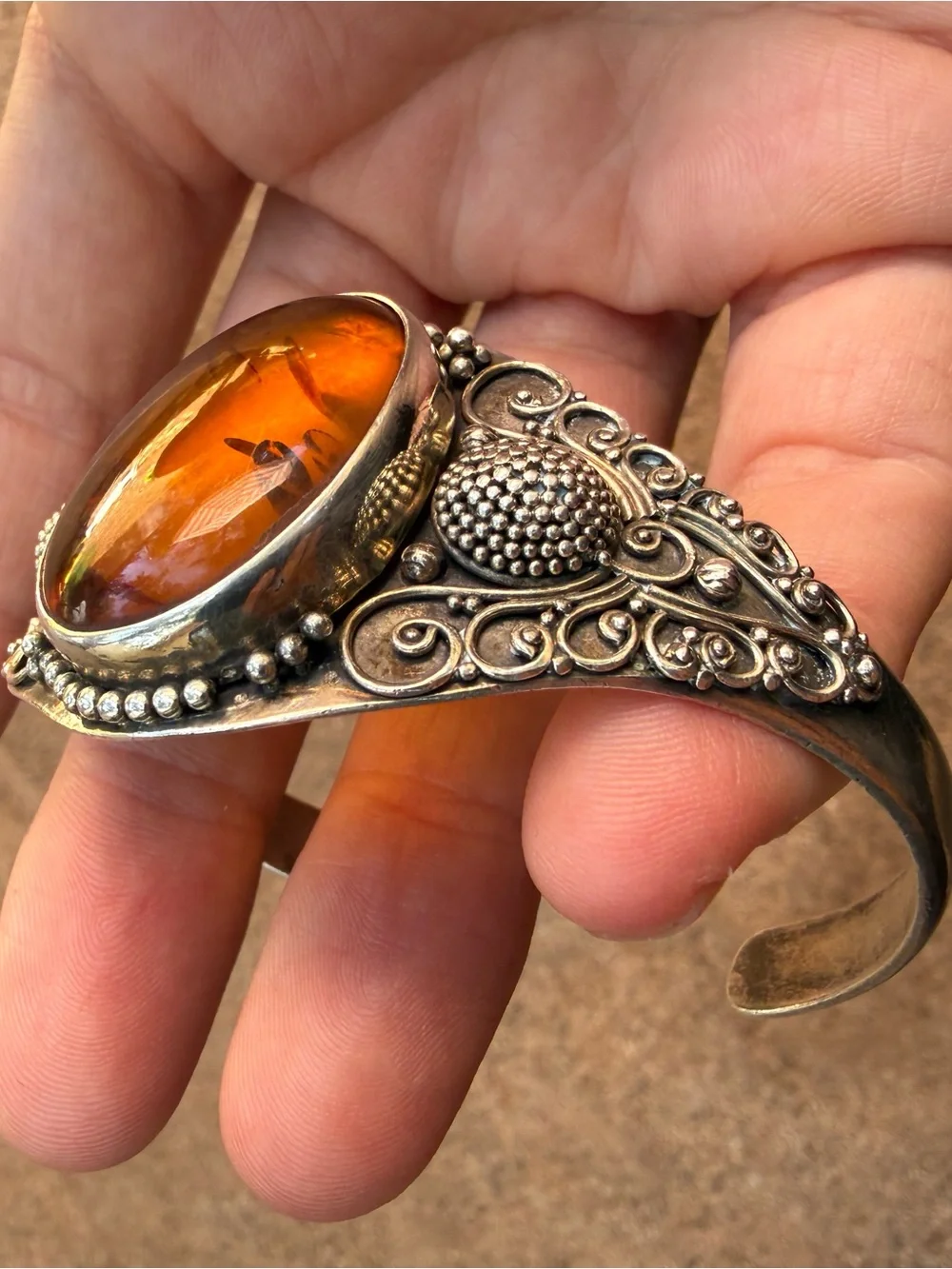 925 Silver vintage Amber Cuff Bracelet - Brown Amber